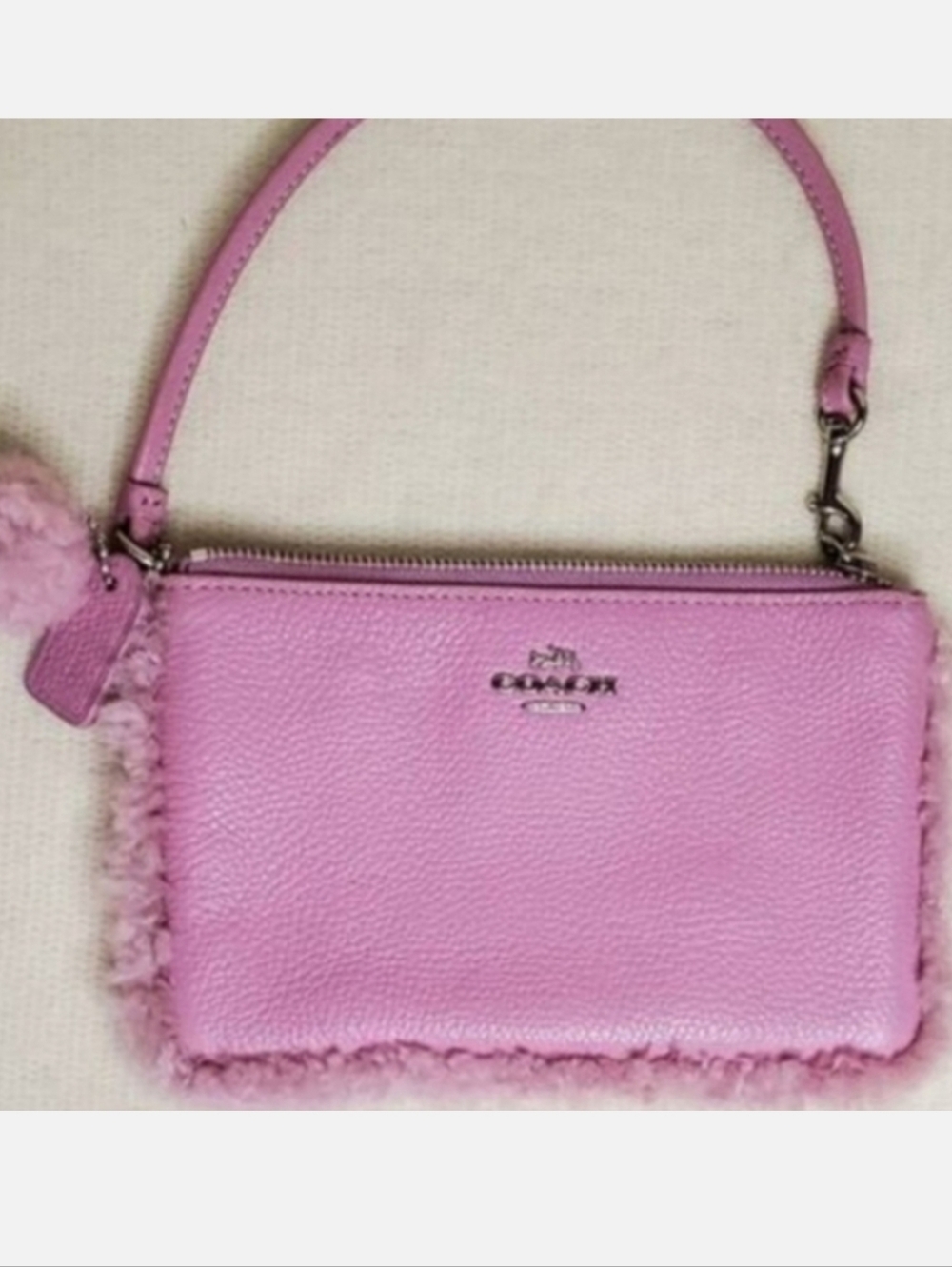 Coach Dollish Pink Genuine Leather Mini Handbag Wrislet Shearling Trim & Pom-Pom - Picture 1 of 6